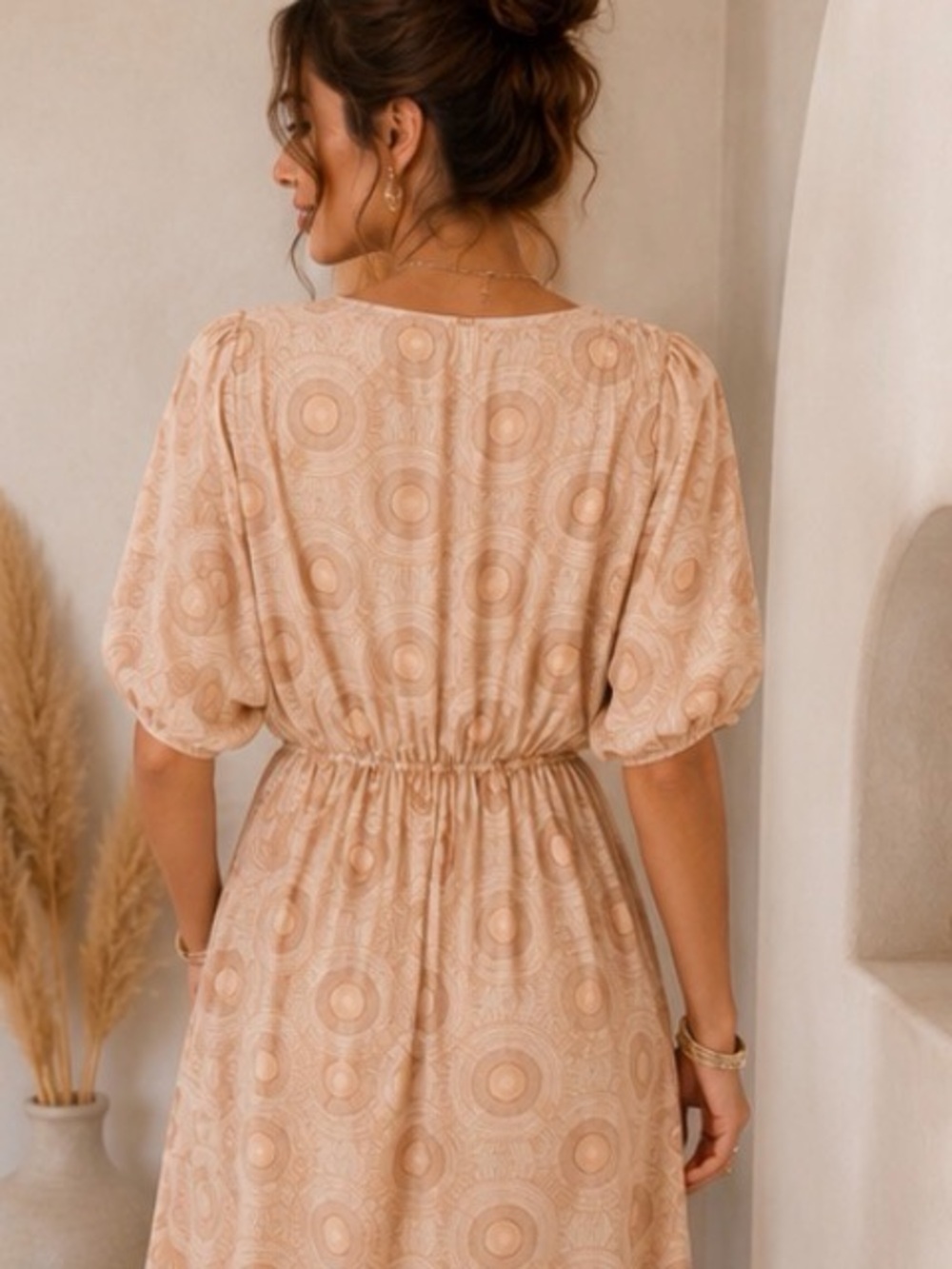 Forever 21 Neutral Beige V-Neck Puff Sleeve Boho Maxi Dress - Picture 2 of 13